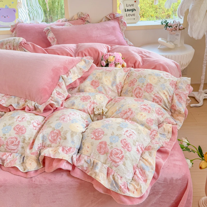 韩版双花边法式棉加绒四件套小碎花AB面版加绒被套牛奶绒四件套