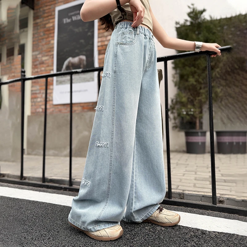 女童牛仔裤夏季薄款中大童休闲洋气阔腿裤儿童裤子夏装宽松长裤潮