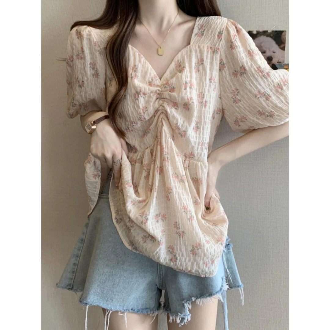 法式V领碎花雪纺短袖衬衫女夏季大码胖mm宽松显瘦泡泡袖甜美上衣