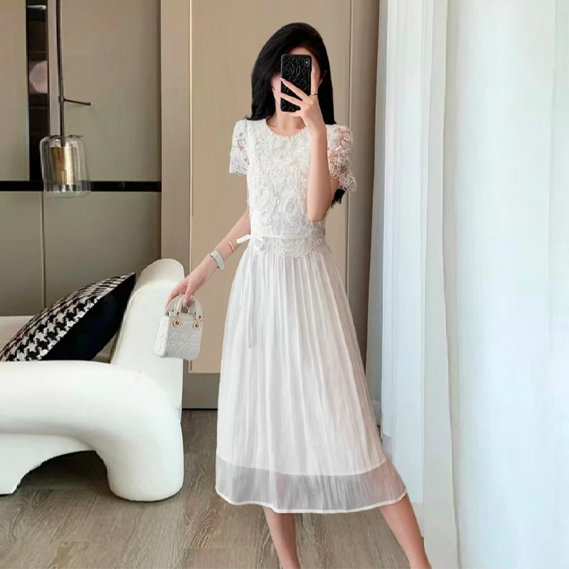 法式浪漫度假风连衣裙夏季新款时尚重工蕾丝拼接收腰显瘦中长裙子