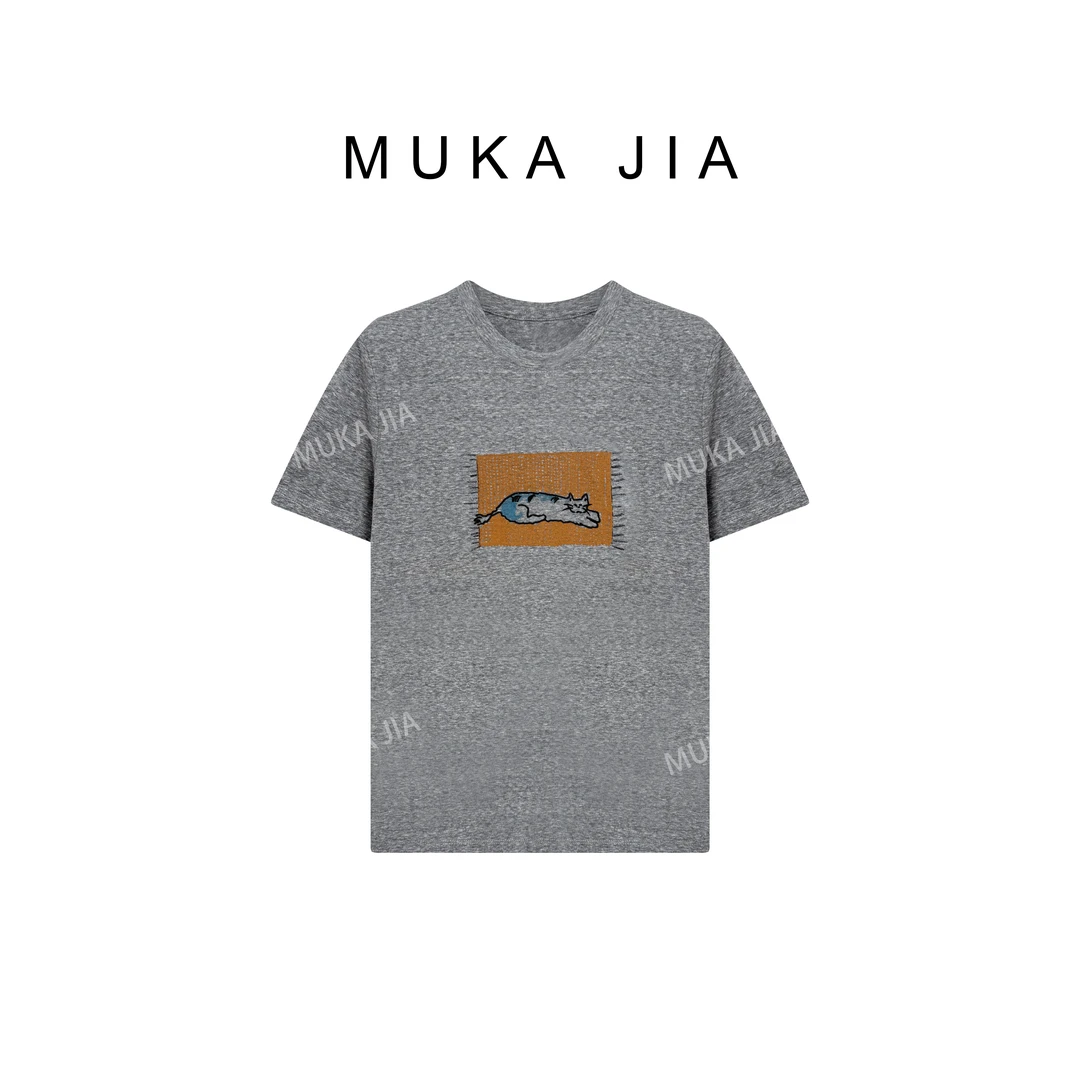 木卡家 韩系春季休闲猫咪印花圆领设计师卡通舒适经典短袖T恤5737