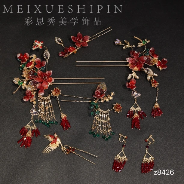 z8426 中式新娘秀禾头饰红色琉璃花朵流苏发簪古风婚礼发饰