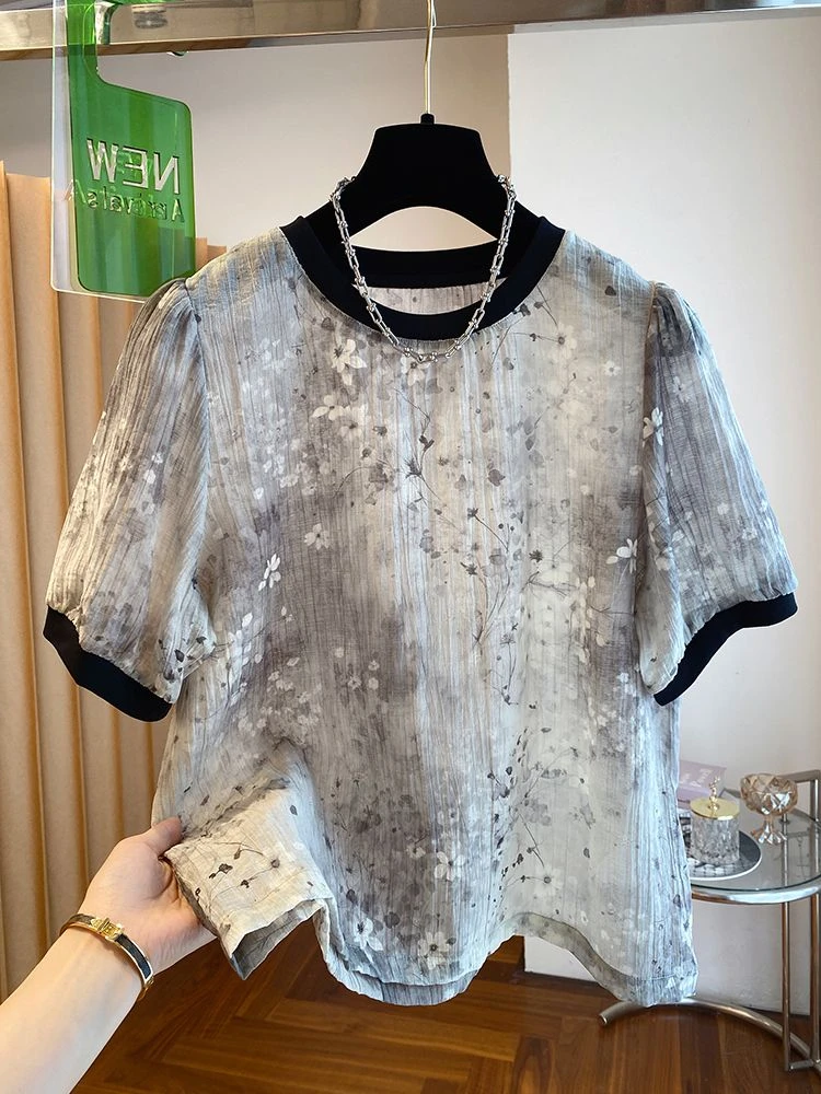 胖MM特大码300斤国风提花雪纺短袖t恤女夏薄款宽松新中式休闲上衣