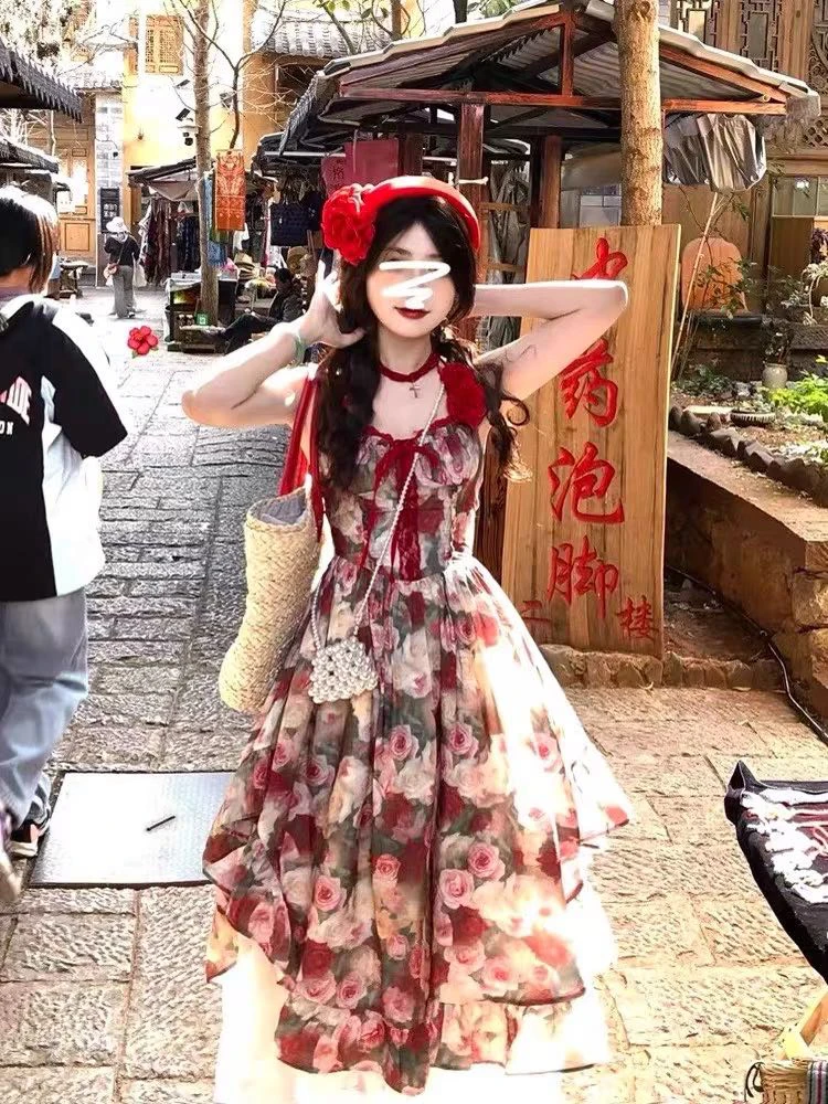 【莹莹推荐】度假风不规则露背吊带裙+开衫+蕾丝半身裙公主风三件套