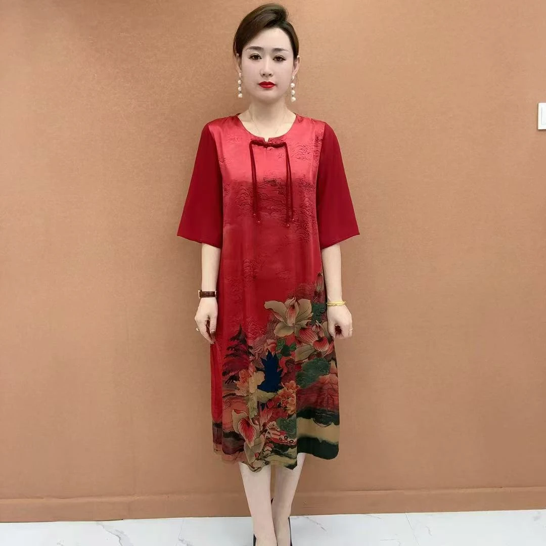 国风盘扣中长款连衣裙大码富贵牡丹显气质女裙子中老年女装妈妈装