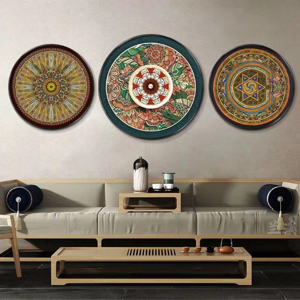 西藏坛城唐卡轻奢圆形招财竖款现代简约风格客厅玄关餐厅书房办公