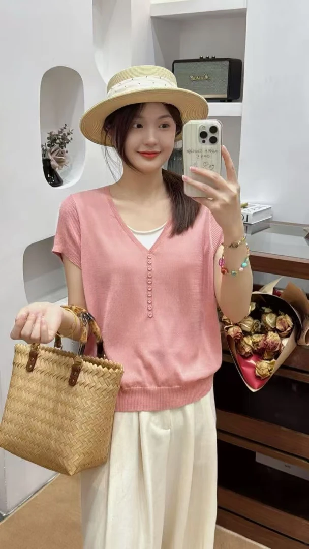 V领毛针织衫纯色套头款潮牌包袖短袖法式夏季女装