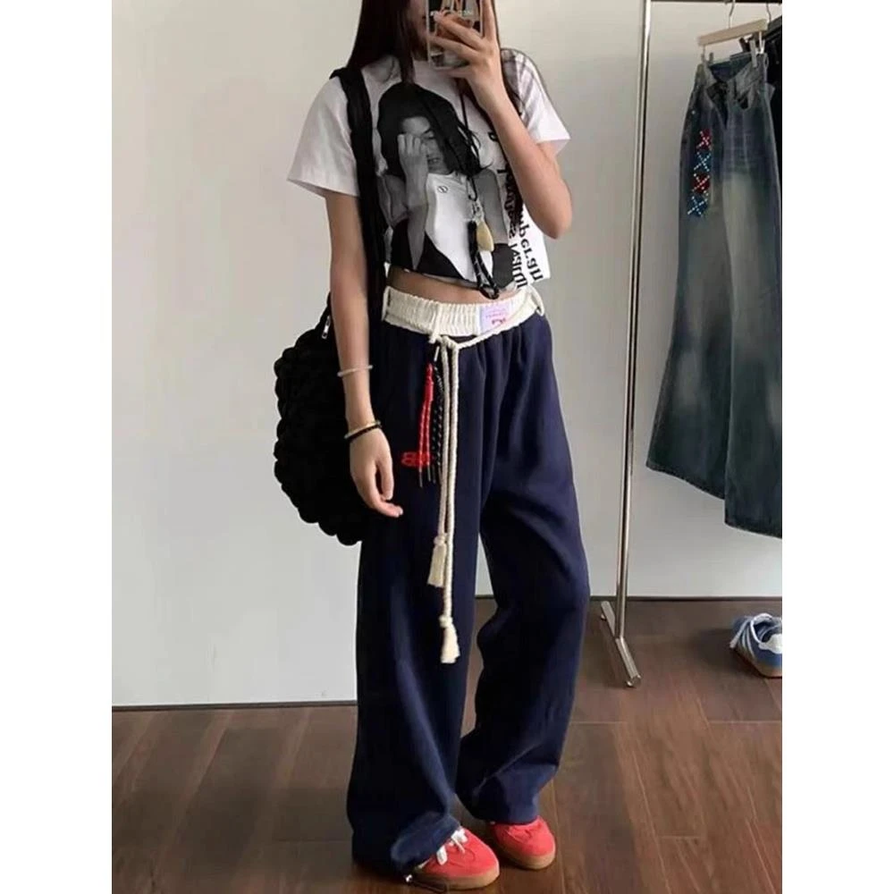 雪千羽美式复古撞色运动卫裤女春秋冬2025新款休闲宽松阔腿直筒裤