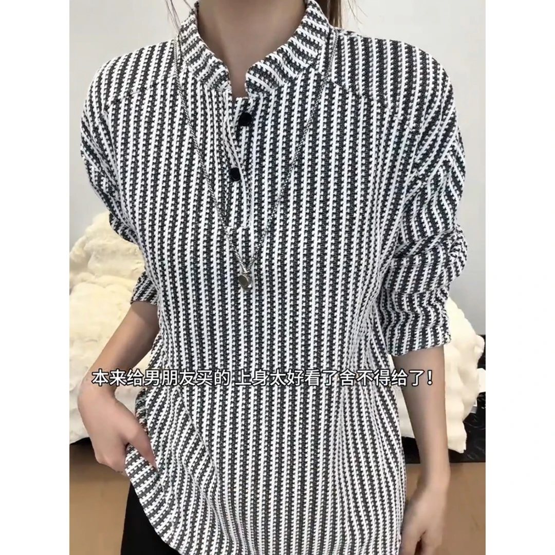 斜条纹亨利领长袖T恤男秋季正肩polo卫衣重磅cleanfit内搭打底衫