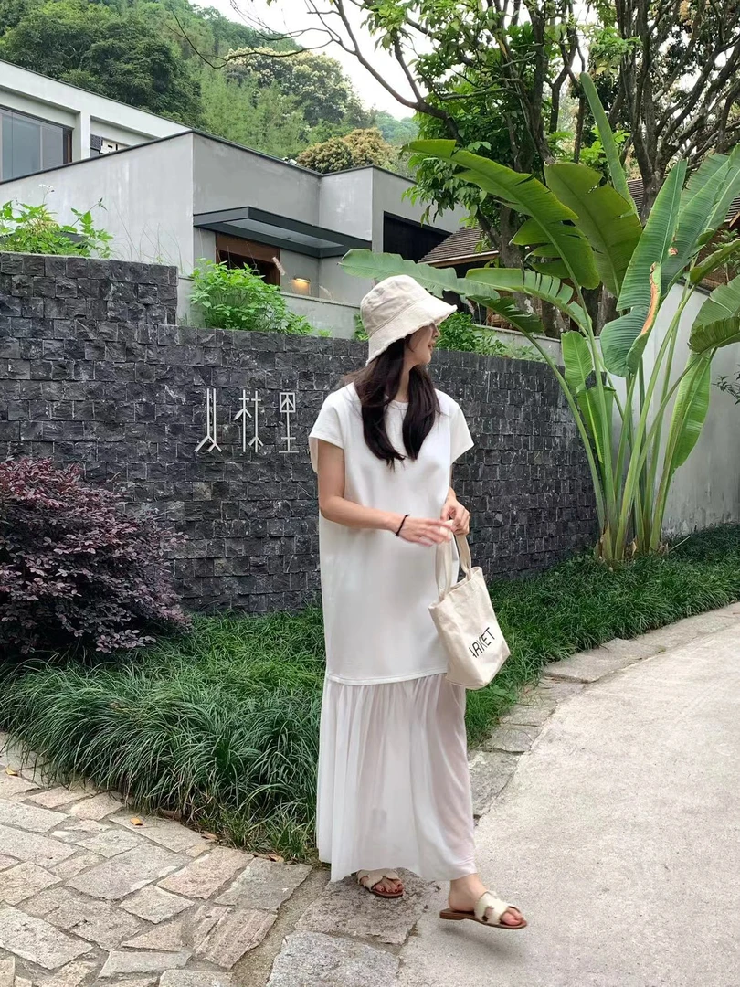 温柔瑶-Ersan#气质短袖拼接连衣裙#7388（裙长129cm）