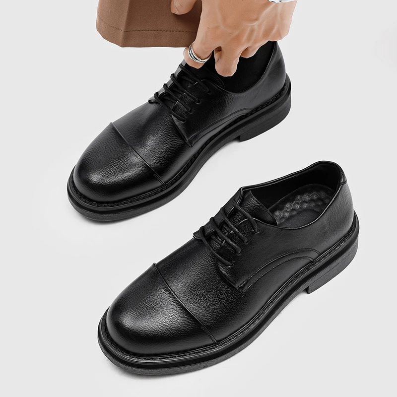 2025新款男鞋厚底增高休闲皮鞋时尚百搭透气大头鞋商务正装德比鞋