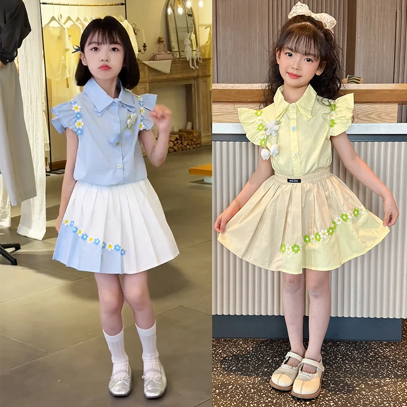 女童夏装套装时髦新款薄款宝宝飞袖衬衫花朵洋气百褶裙夏装两件套