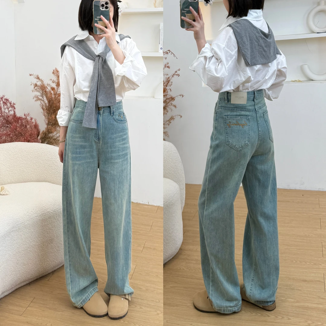 垂感刺绣早秋阔腿牛仔裤女2025新款宽松显瘦时尚休闲百搭直筒裤