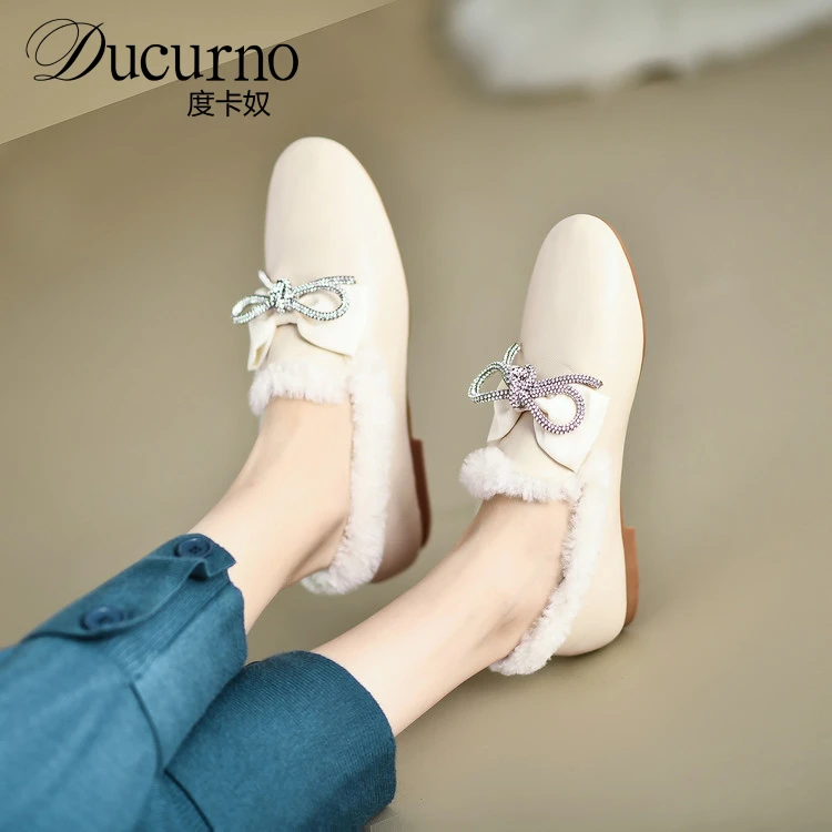 DUCURNO一脚蹬舒适真皮平底乐福鞋女加绒保暖棉鞋蝴蝶结毛毛单鞋