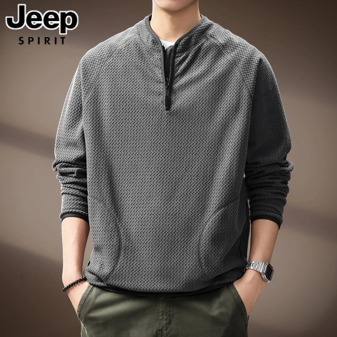 JEEP吉普高端美式复古波浪纹长袖卫衣男士秋季半拉链户外休闲上衣
