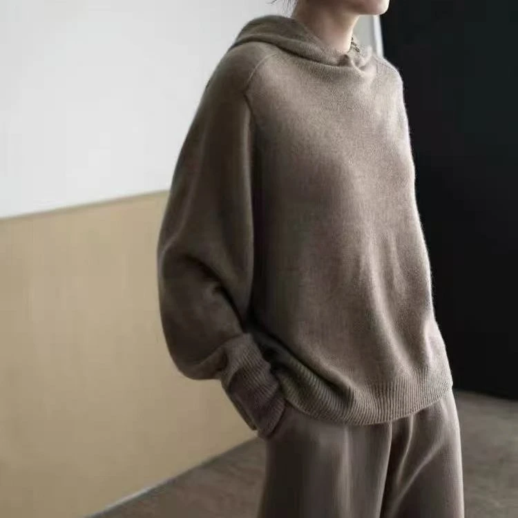 欧货100%纯羊毛衫女连帽卫衣宽松加厚休闲打底羊毛针织毛衣外穿