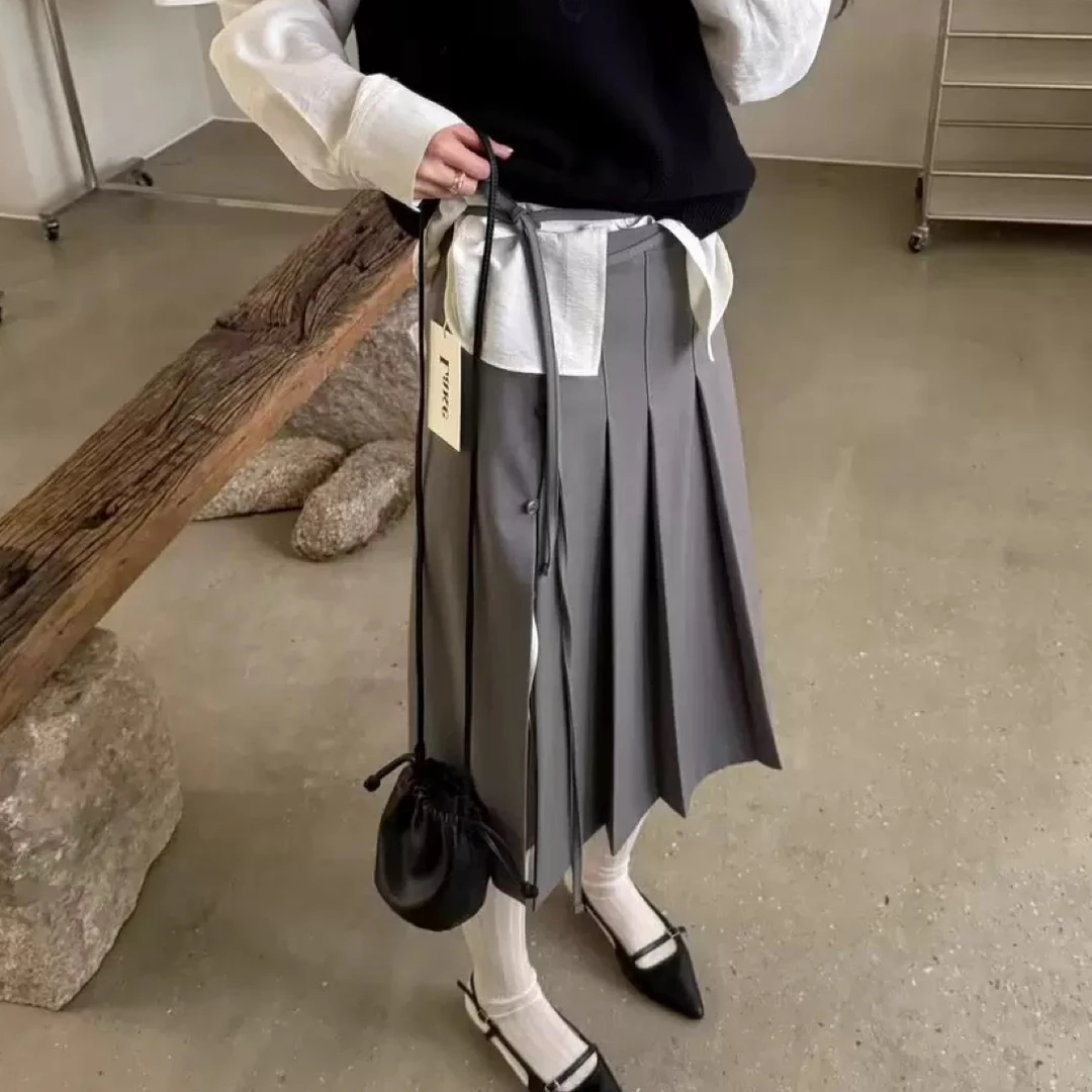 不退/不换/LAKE春季新款韩国东大门同款侧开叉百褶裙半身裙女生