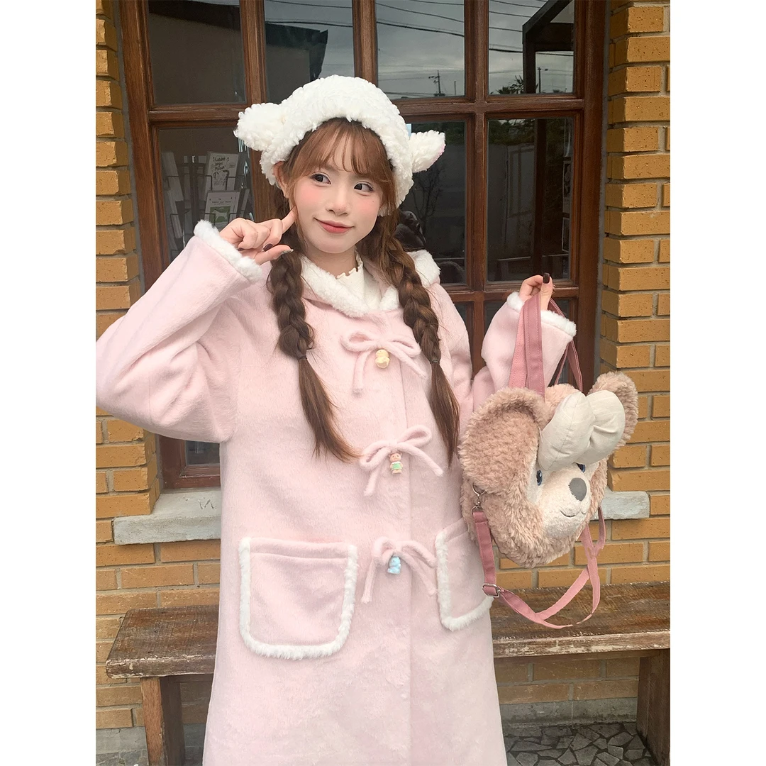 sinsingirl 粉色夹棉蝴蝶结连帽毛呢外套软萌宽松大衣冬季