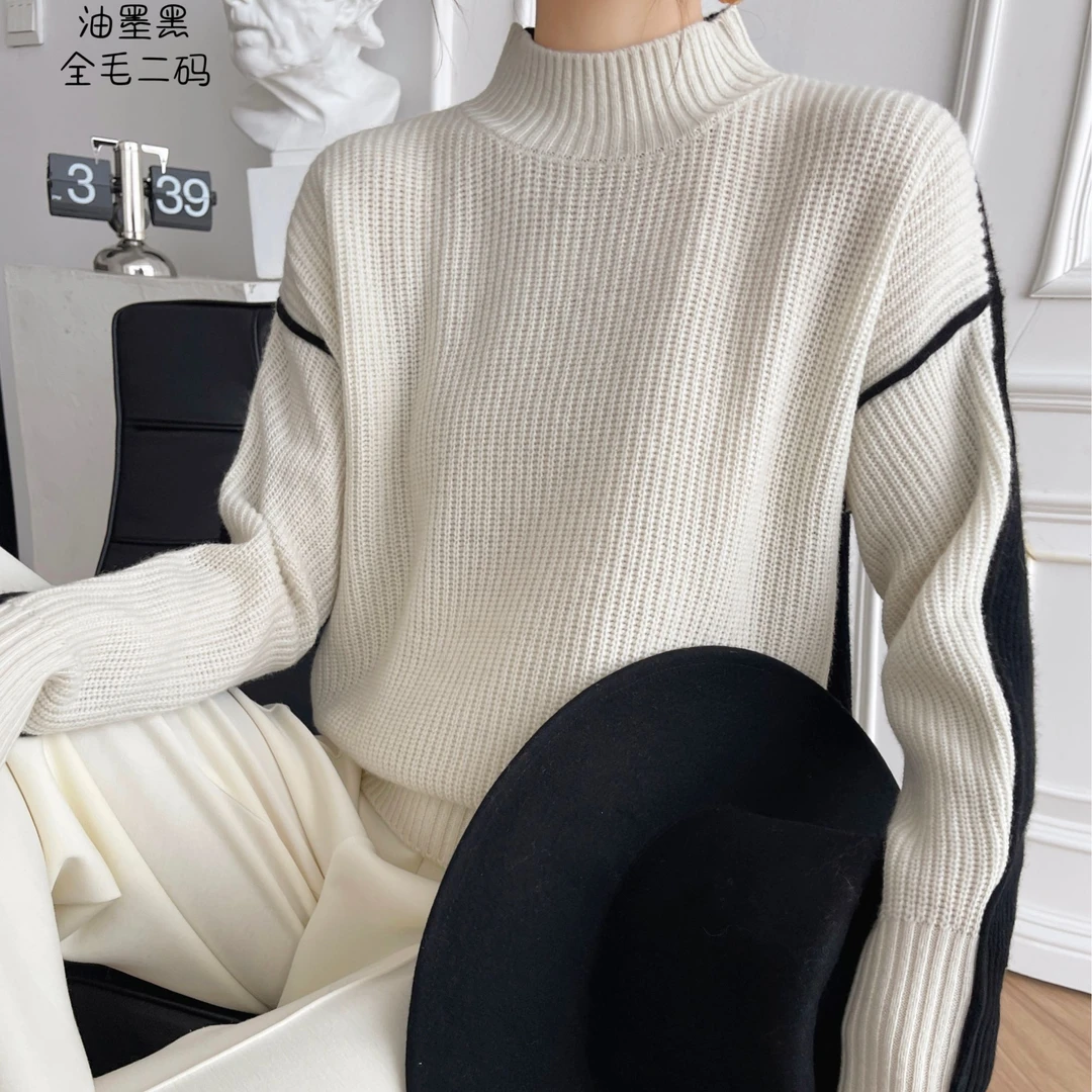 女士AB拼色立领针织毛衣秋冬季潮流套头打底上衣