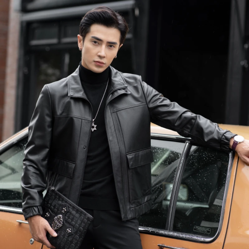 【珊子】海宁男装头层小牛皮真皮皮衣秋冬加厚毛领加内胆89852