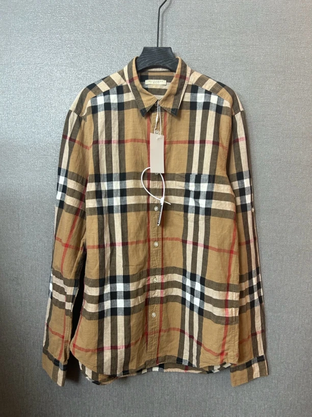95新 BURBERRY/博柏利 咖色格纹亚麻衬衫