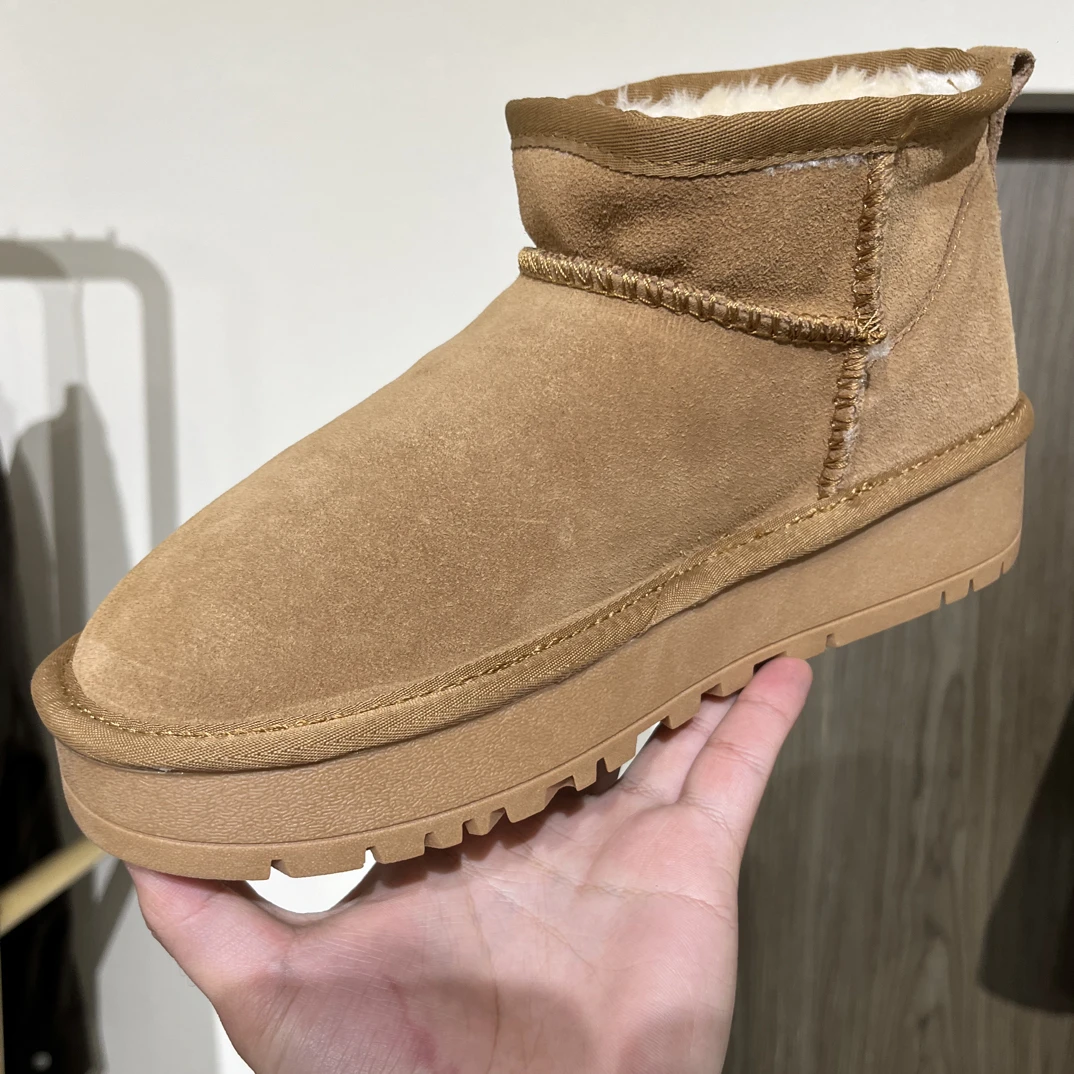 【铼】冬季新款加绒保暖真皮厚底增高百搭女款雪地靴1230