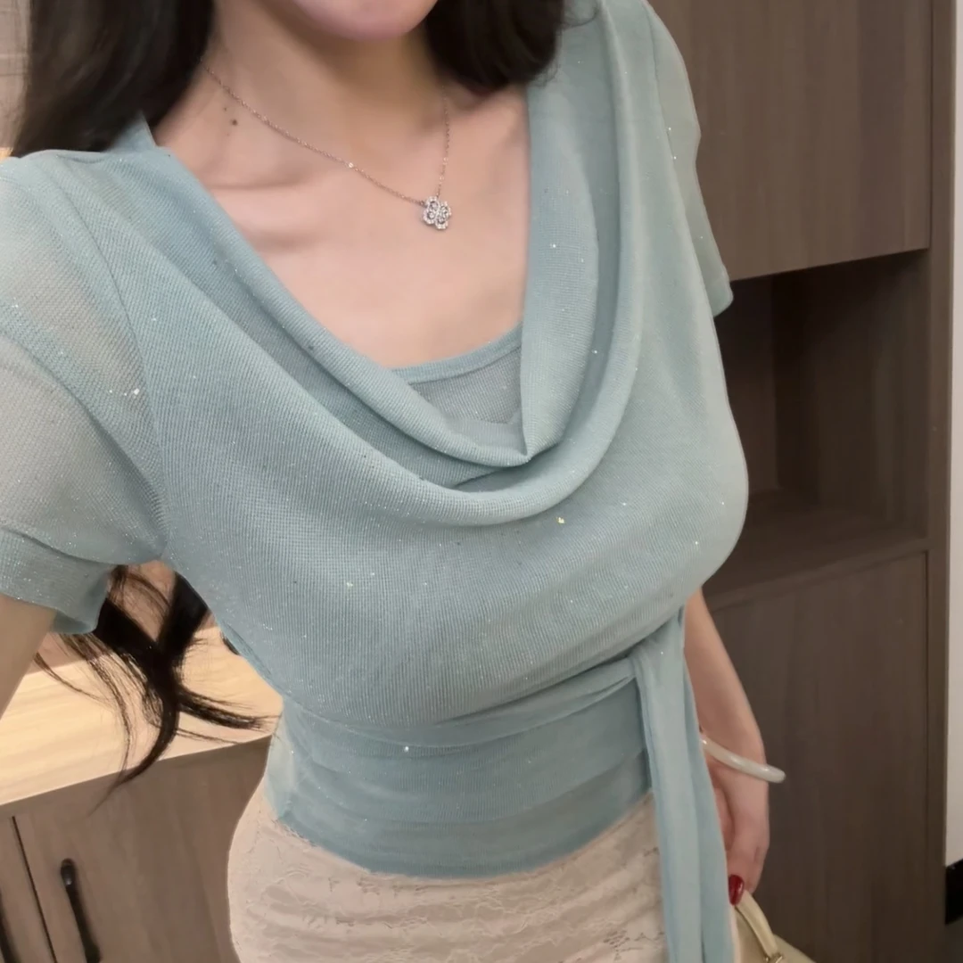 baby蓝法式高级感蝴蝶结系带冰丝掐腰上衣女夏季新款短袖T恤薄款