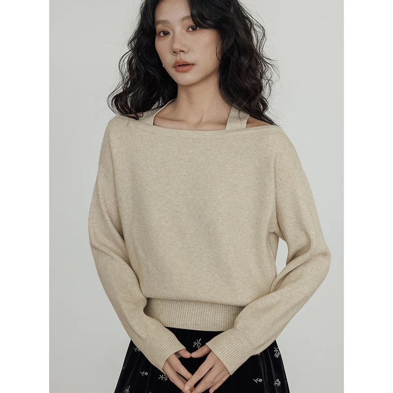 vastand维尚 冬季挂脖露肩设计感针织衫宽松慵懒毛衣显瘦软糯上衣