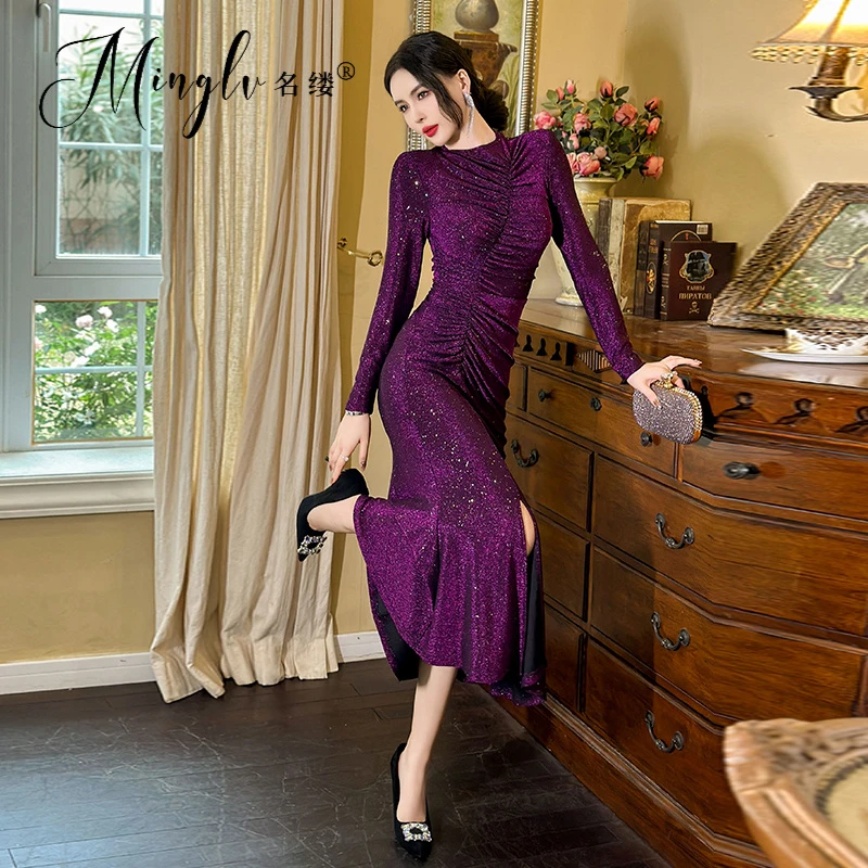 紫色连衣裙秋季新款法式气质时尚富家千金长袖修身亮片礼服鱼尾裙