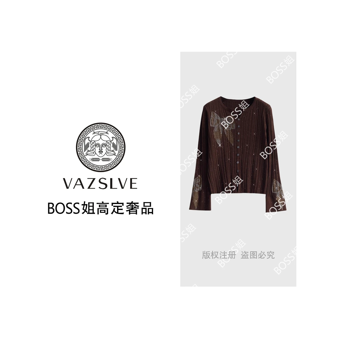【VAZSLVE/全新奢品】捡漏 桑蚕丝羊毛烫钻坑条蝴蝶结针织衫msl585