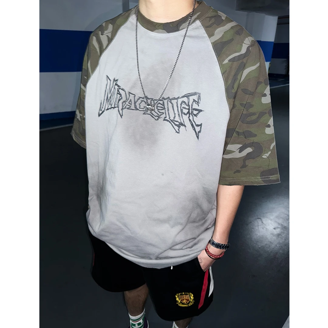 A【插肩迷彩】棉感洗旧圆领短袖插肩袖拼接T恤美式休闲街头男女半袖