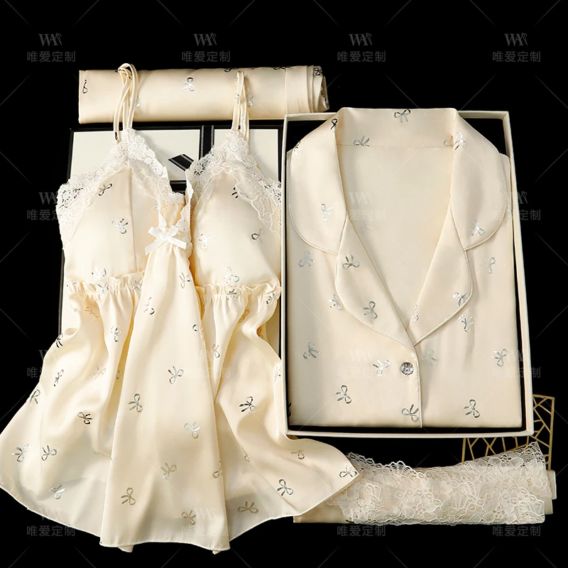 【100%桑蚕丝】真丝睡衣女款夏季短袖性感吊带胸垫四件套生日礼盒