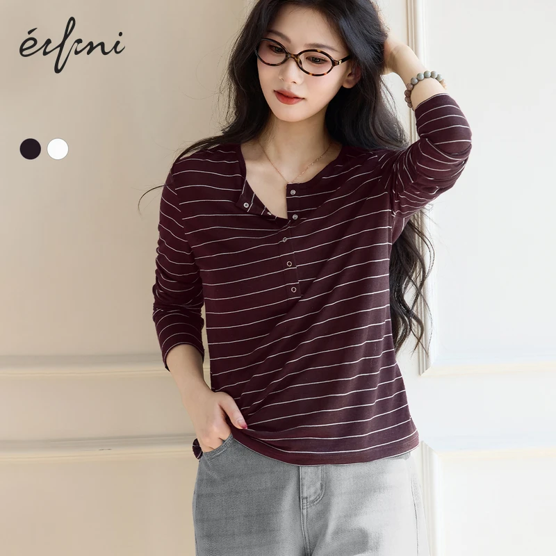 伊芙丽美式亨利领亚麻条纹T恤女装25夏季欧若智性风上衣1G2901621