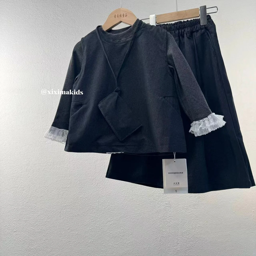 女童秋装蕾丝打底牛仔马甲裤子 三件套洋气时髦春秋休闲套装