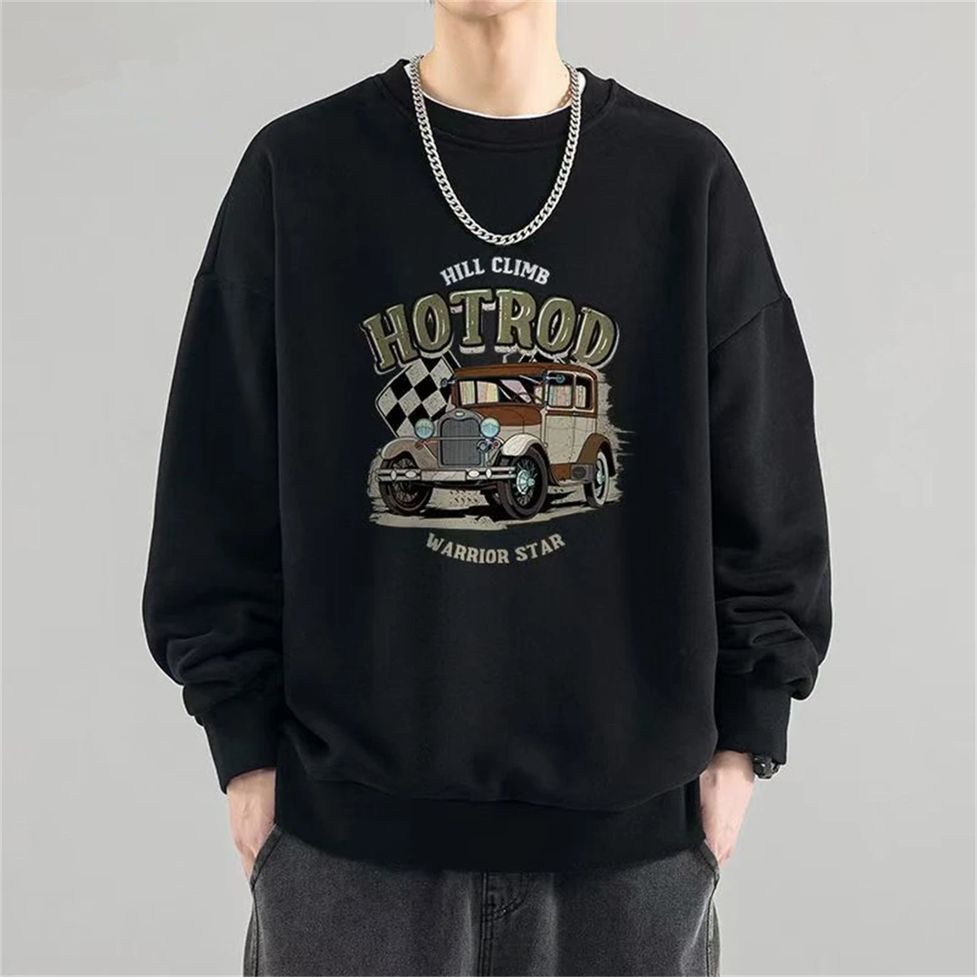 特大码300斤潮流复古港风日系圆领卫衣男装秋冬加绒宽松痞帅卡通