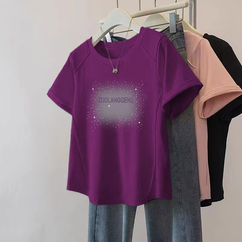 2025夏季韩版鱼骨显瘦ins不规则纯棉短袖t恤女洋气印花时尚体恤衫