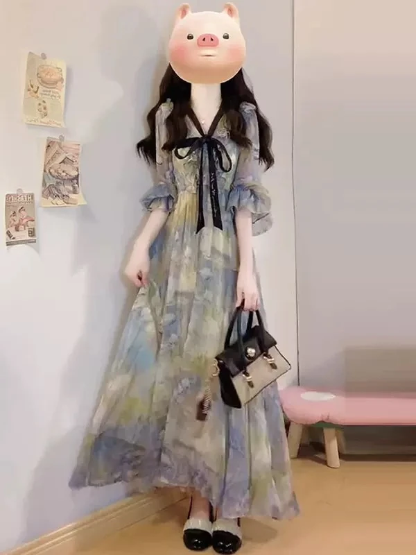 9079 大码女装夏季甜美法式显瘦复古度假风碎花连衣裙
