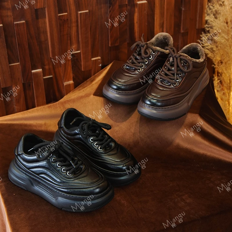 棉谷新品2025手工牛皮圆头厚底复古鞋子女软面防滑休闲百搭老爹鞋