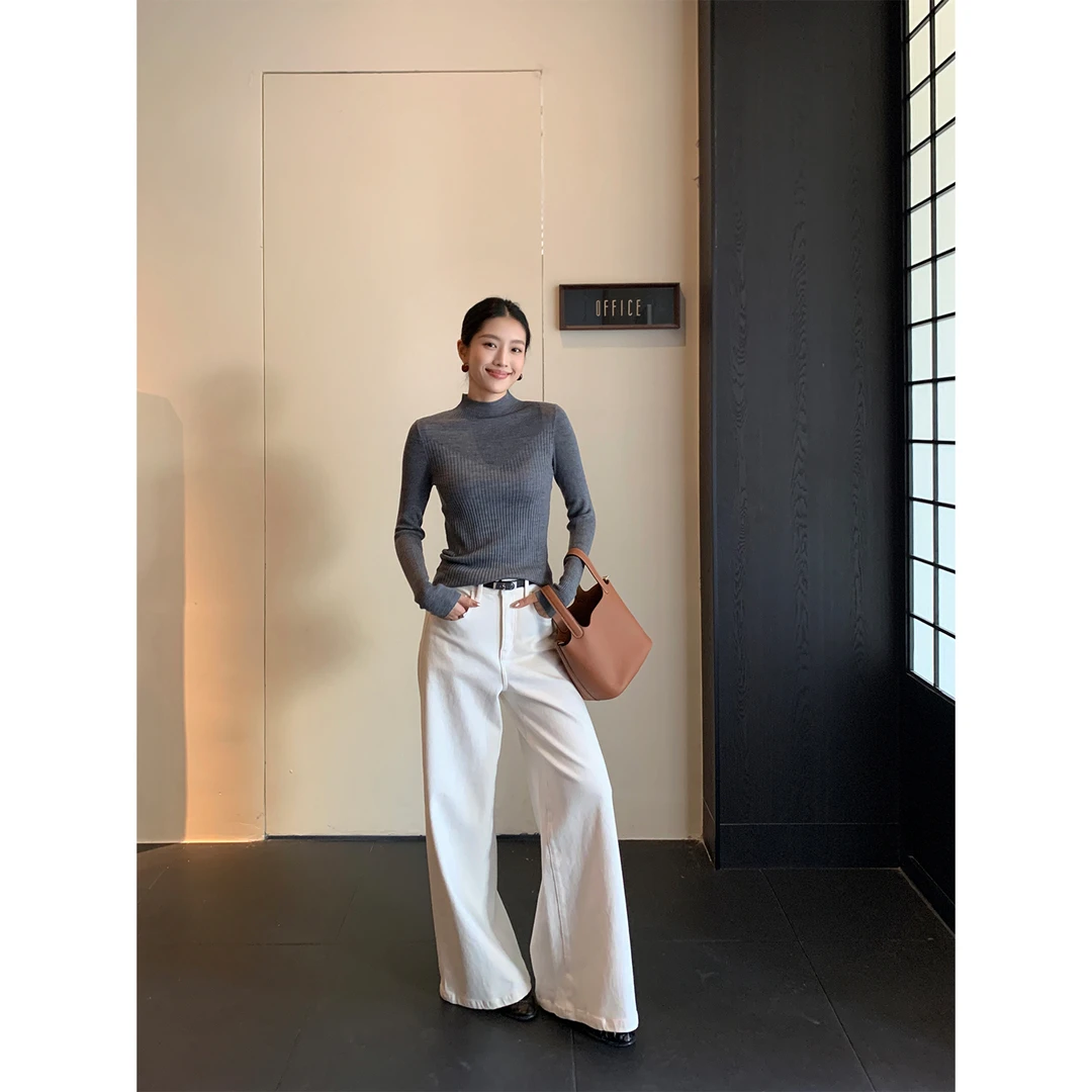 IAMJAM【12.12新品】经典百搭白色牛仔裤女秋冬新款显瘦高腰长裤