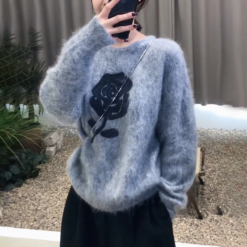 秋冬女灰色套头毛衣宽松慵懒风软糯减龄显瘦玫瑰提花针织衫上衣