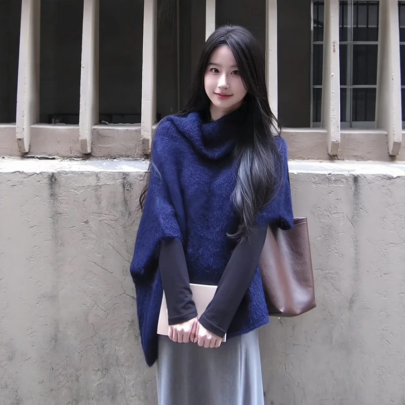 蓝色堆堆领叠穿毛针织衫慵懒高级感小众不撞衫上衣女秋季针织罩衫