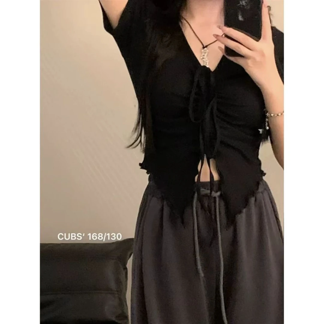 大码胖MM定制设计感抽绳不规则辣妹T恤