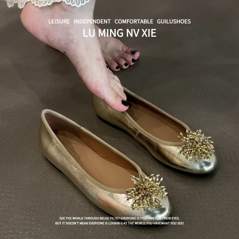 羊皮版~小众设计Diy花朵柳钉玛丽珍单鞋女真皮百搭浅口平底单鞋女