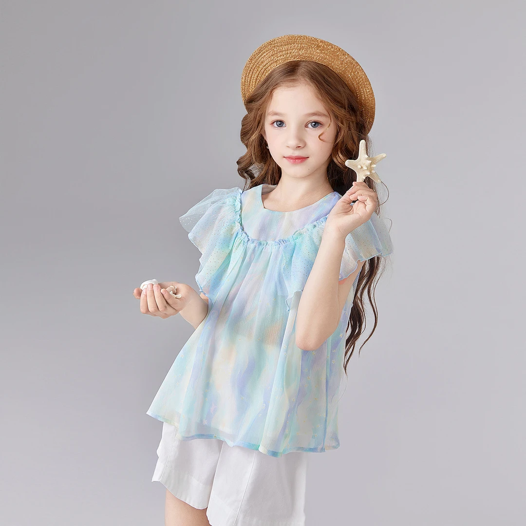 笛莎童装女童25年夏季儿童唯美海洋雪纺花版短裤套-93252T311