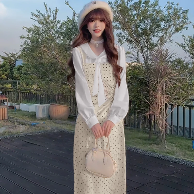 2025春秋新款法式复古波点拼接假两件连衣裙D3627