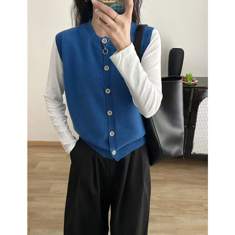 /baby蓝/ 早春新款高级感超好看无袖叠穿针织马甲开衫女