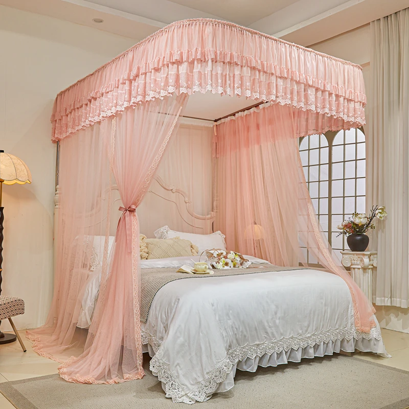 加厚加粗U型导轨蚊帐 加密网眼公主风防蚊睡帐 三开门落地防蚊罩