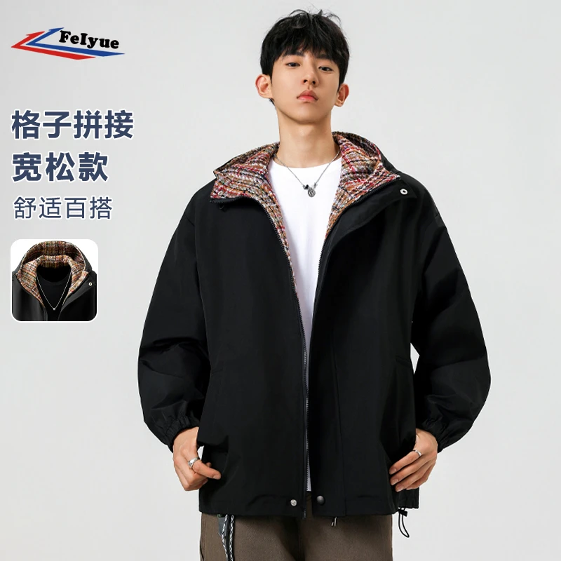 飞跃复古翻领纯色休闲外套男款春秋季美式cleanfit格子拼接夹克
