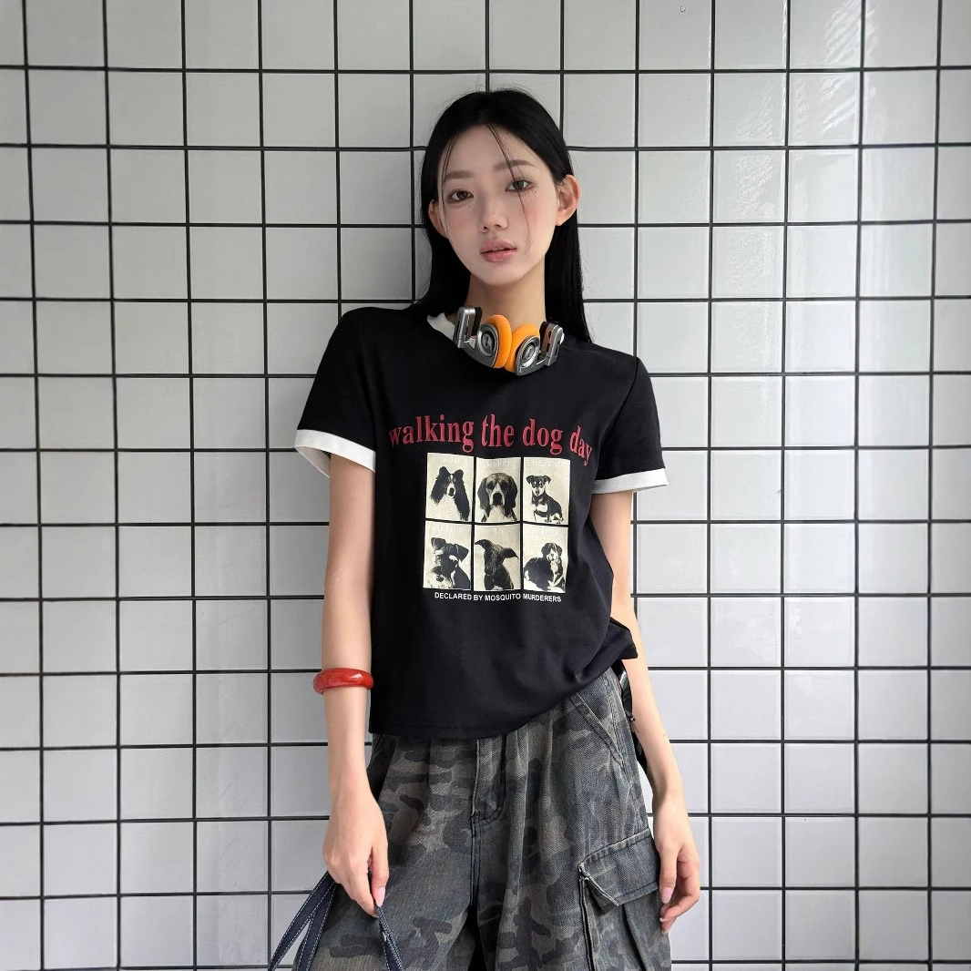 KAKAMEE十三行夏美式小狗印花撞色领口大弹力小版短袖T恤女