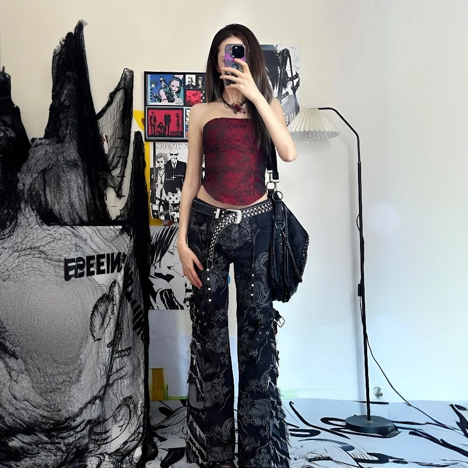 朋克辣妹长裤小众喇叭裤红色辣妹抹胸上衣